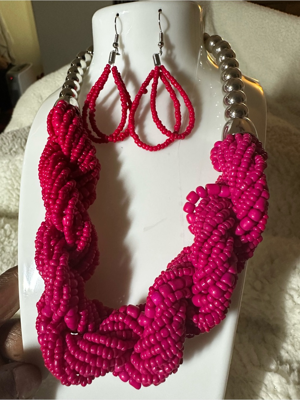 Handcrafted Hot Pink Beaded Necklace & Earrings Set